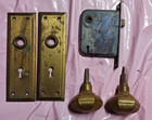 Antique Vtg  Mortise Door Lock Set With Brass Hexagon Knobs   Back Plates