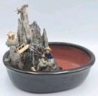 Vtg Water   Stone Landscape Scene Ceramic Oval Bonsi Pot Fisherman Fish On Pole