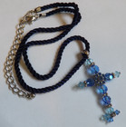 Silver Tone Religious Ornate Blue Dangle Bead Cross Pendant Fabric Rope Necklace