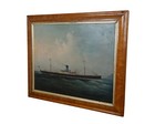 Antique Maritime British Steam Ship Seascape Oil Painting Birdseye Maple 27 