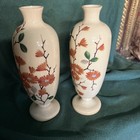 Pair Antique Victorian Bristol Hand Painted Opaline  Flowers Glass Vases