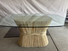 1970s Regency Mcguire Style Wheat Sheath Rattan Oval Dining Table W glass