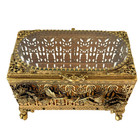 Vintage Gold Filigree Jewelry Casket With Beveled Glass Raised Flowers Claw Feet