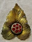 Antique Edwardian Gilt Brass Metal Shank Button - Realistic Leaf W Jewels