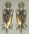 Pair French Cast Brass Bronze Antique Wall Sconces Plaques Royal Heraldry Rare