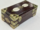 Vtg 70 s Rosewood Chinese Jewelry Box Brass Bone Inlay Silk Lined 8 x3 x4   