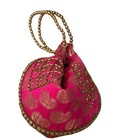 Pink Silk Potli Bag Gold Zari Embroidery Beaded Handle Indian Wedding Clutch Bag