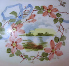 Antique Hand Painted Floral Blue Ribbon Landscape Oil Dome Glass Shade 9 75 