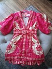 Women   s Pink cream Paisley V-neck Puff Sleeve Tie Waist Mini Dress Size S