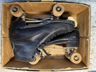 Vintage 1960s Black Leather Roller Skates Chicago Skate Company Wood Wheels