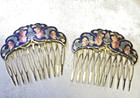 Vtg Cloisonne Enamel Butterfly Hair Combs Cobalt Blue Pink Flowers Butterflies