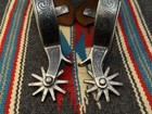 Nice Mexican Sgl Mnt Silver Overlaid Engraved Spurs W  Leather Spur Straps
