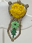 Vintage Art Deco Carved Celluloid Dress Clips Yellow   Green Floral W rhinestone