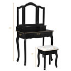 Black Vanity Makeup Dressing Table Set W stool 4 Drawer mirror Jewelry Wood Desk