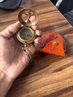 Vintage Brass Sundial Compass With Leather Case  Antique Bronze Chain  Red Leath