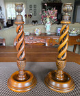 Pair Antique English Oak Barley Twist Taper Candle Holders Brown gold 13 3 4 In 