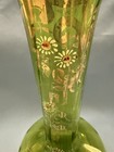 Antique Victorian Hand Blown Green Glass Vase Enamel Daisies Gilt Ruffled 9 3 8