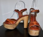 Vtg Size 5 70s Platform Wood Heel Sandals Shoes Disco Hippie Two Tone Leather