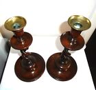 Pair Of 11  Antique Solid Oak Open Twist Candlesticks With Brass Tops