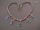 Old Native American Navajo Kingman Turquoise Nugget Sterlin Silver Bead Necklace