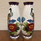 6  Asian Cloisonne Bud Vases Peacocks   Floral Design Torpedo Shape Two Matching