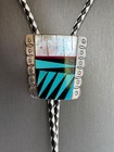 Vintage Zuni Sterling Turquoise Mother Of Pearl Onyx Inlay Bolo Signed Al