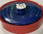 Ceramic Tortilla Warmer w  Lid  Blue  red With Cat Face Handmade Painted  10   