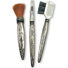 3 Fancy Silver Plated Make Up Brushes Travel Pouch Lips Cheeks Brows Lashes