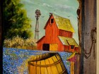 Bluebonnets Blooming Tree Barns Barrel Tool Waterwheel Bird Sky Oil Cnv Painting