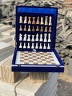 12-inch Handcrafted Marble Chess Set With Blue Velvet Gift Box  white And Brown 