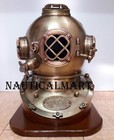 Brass Scuba Full Size Antique Us Navy Mark V Divers Diving Helmet W  Wooden Base