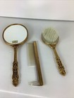 Vtg Globe 3 Pc Vanity Set 24k Gold Plated Comb  Mirror    brush Is Broke  Tulips