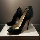 Jimmy Choo Black Silk Patent Peep Toe Stiletto Pumps Slip On Womens 6 5