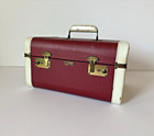 Vintage Train Makeup Case Burgundy Red Hard Shell 1940s 1950s Luggage