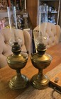 Antique Pair Brass Kerosene Oil Lamps Gold Eagle Hallmark 1880 With Glass Chutes