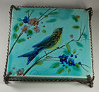Victorian Hand Painted Bird Tile   Trivet W metal Frame  Majolica Blue  V b