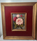 Mcm Still Life Floral Oil Paintings Pair Of 2  Signed  In Red Velvet Gold Frames
