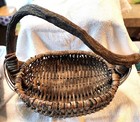 Antique Folk Art Rustic Gathering Basket  Raw Vine Handle  Vintage Woven  Large