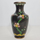 Vintage Pair Of Chinese Black Cloisonne Floral 9  Vases