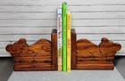 Vintage 80s Wood Bear Bookends Carved Nursery Folk Art Rustic Primitive Cabin