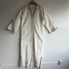 Vintage Handmade Boho Cotton Maxi Caftan Gold Soutache Embroidery Ivory Os