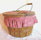 Vintage Wooden Apple Basket Sewing Box Double Hinged Lid With Hearts Mauve 1980s