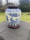 Vintage Chinese Blue And White Porcelain Vase With Lid   Stand  14   h X  10    D