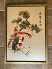 Pair Of Large Vtg Wood  Framed Silk Japan Hand Embroidery Birds