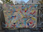 Vintage Beautiful Crazy Quilt Grandma Core Floral Machined  90 X 66 Worn Aged