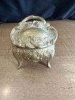 Antique Vntg Ornate Casket Style Metal Trinket Jewelry Box Footed W  Roses  50