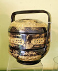 Antique Chinese Wedding Basket Tiffin Black Lacquer Hand Painted Gold Very Nice