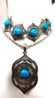 Faux Turquoise Cabochon  3 Piece Set Necklace Earrring Bracelet Silver Tone