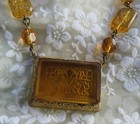 Vintage 1930s Art Deco Signed Czech Molded Foliate Amber Glass Pendant Necklace