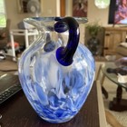 Blue White Swirled Glass With Blue Handles Hand Blown Glass Vase No Chips